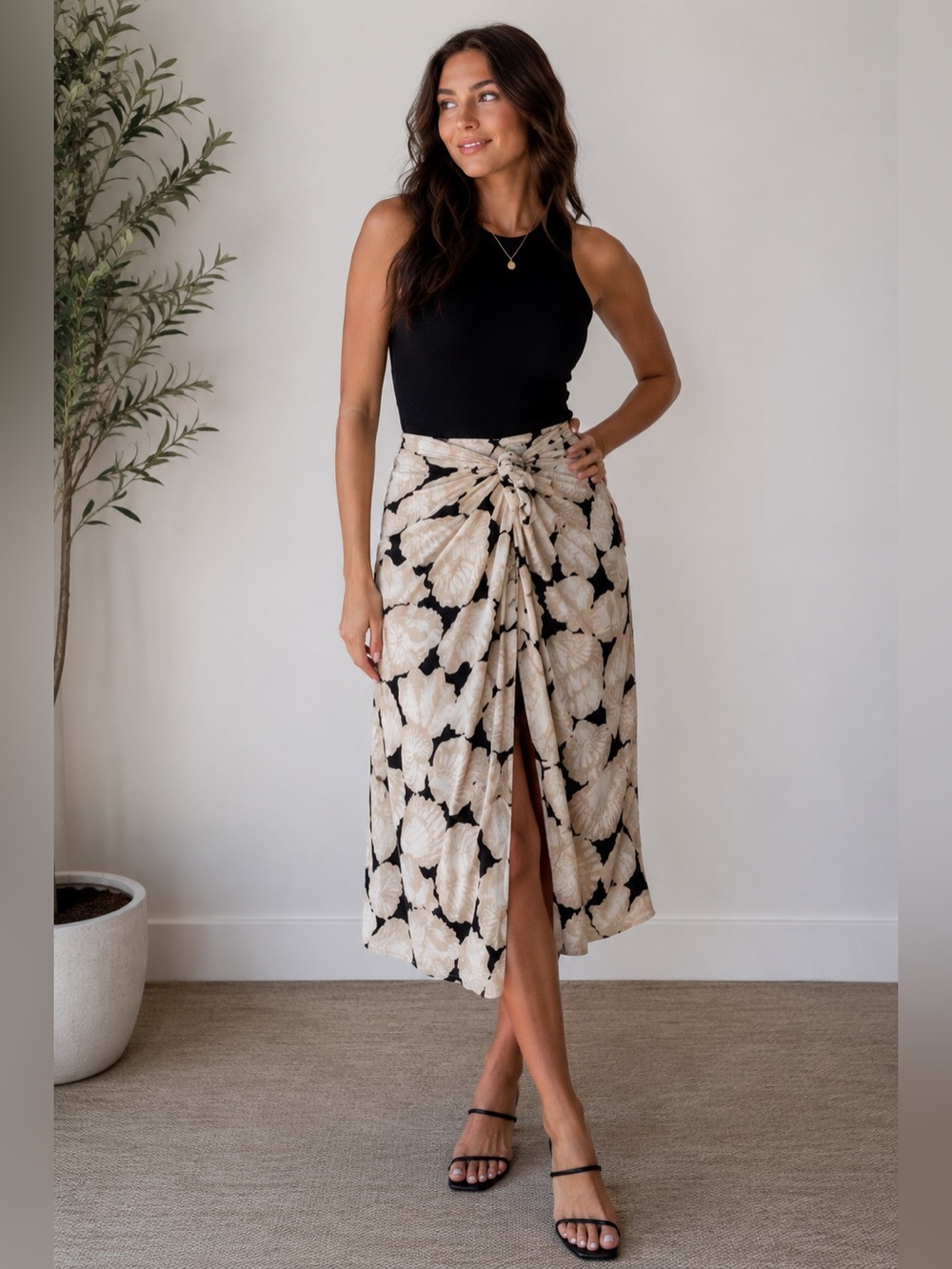 H&M Linen‎ Blend Faux Wrap Shell Print Midi Skirt Size 6